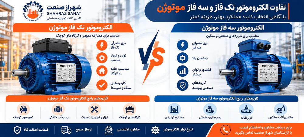 مقایسه الکتروموتور تک فاز و سه فاز موتوژن